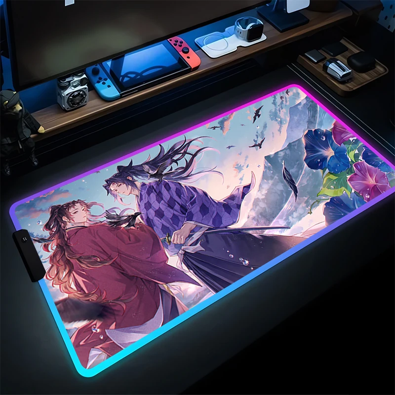 RGB Mouse Pad Karet PC Komputer Gaming Aksesoris Bercahaya Mousepad Demon Slayer Kokushibo HD Meja Tikar LED Gamer Keyboard Pad