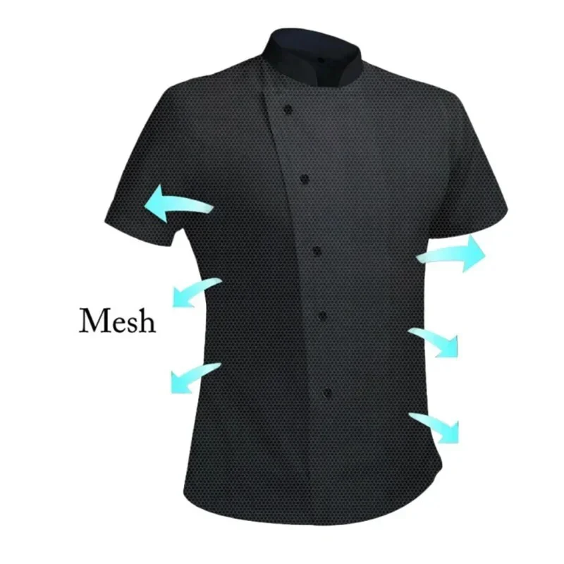 Casaco de malha respirável para homens e mulheres, camisa de cozinha de manga curta, tops legais, food service, preto, vermelho, roupa de cozinha, 360 °, novo