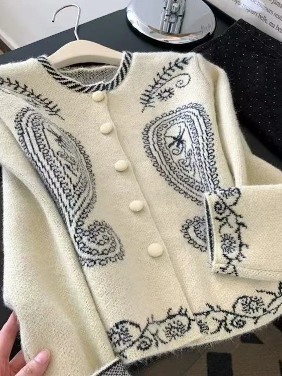 Maglione lavorato a maglia lungo Sve ricamato retrò Camere Jaet da donna con bottone singolo Taglio dritto Autunno Inverno Faion Ladies'...