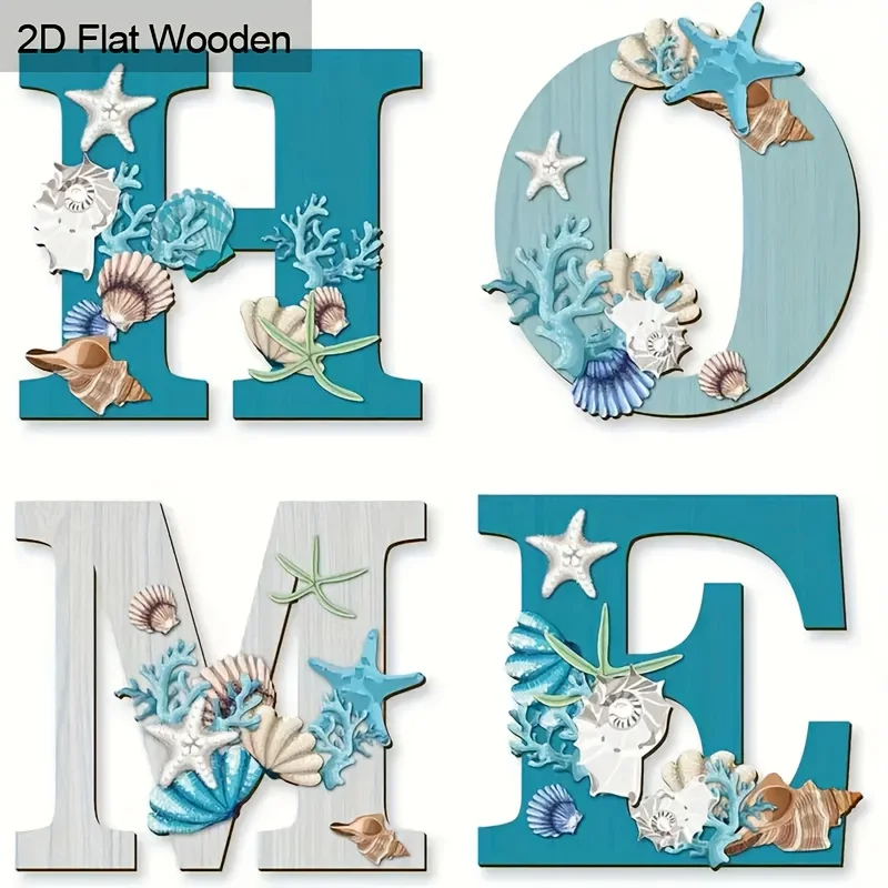 Coastal HOME Wooden Wall Sign, Seashell Starfish Coral Nautical Wood Letter Hanging Plaque Beach Theme Wall Art for Home