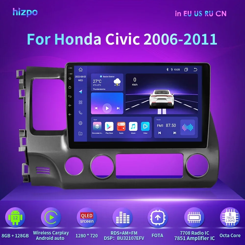 

Hizpo Android13 Car Radio for Honda Civic 8 2006 - 2011 Multimedia Player GPS Navigation Stereo 4G BT SWC CarPlay RDS DSP