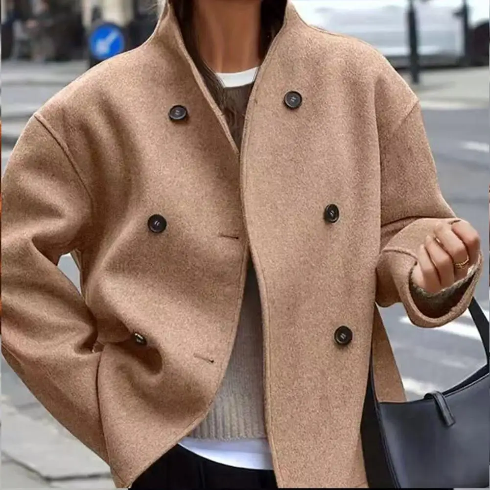 Lady Overcoat Women's Winter Cropped Wool Coat Double Breasted Dressy Jacket Casual Long Sleeve Peacoat for Fall Cold Weather