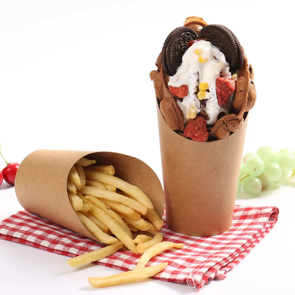

50 Pcs Diagonal Cup Chicken French Fries Cups Snack Rack Holder Dessert Light Brown Paper Fry Disposable