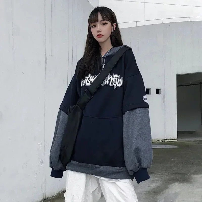 Spring Fleece Thickened Letter Hoodie Women's Gothic Hip-hop Street Korean Loose Fashion Casual Sweater Y2k Retro Men's Clothing