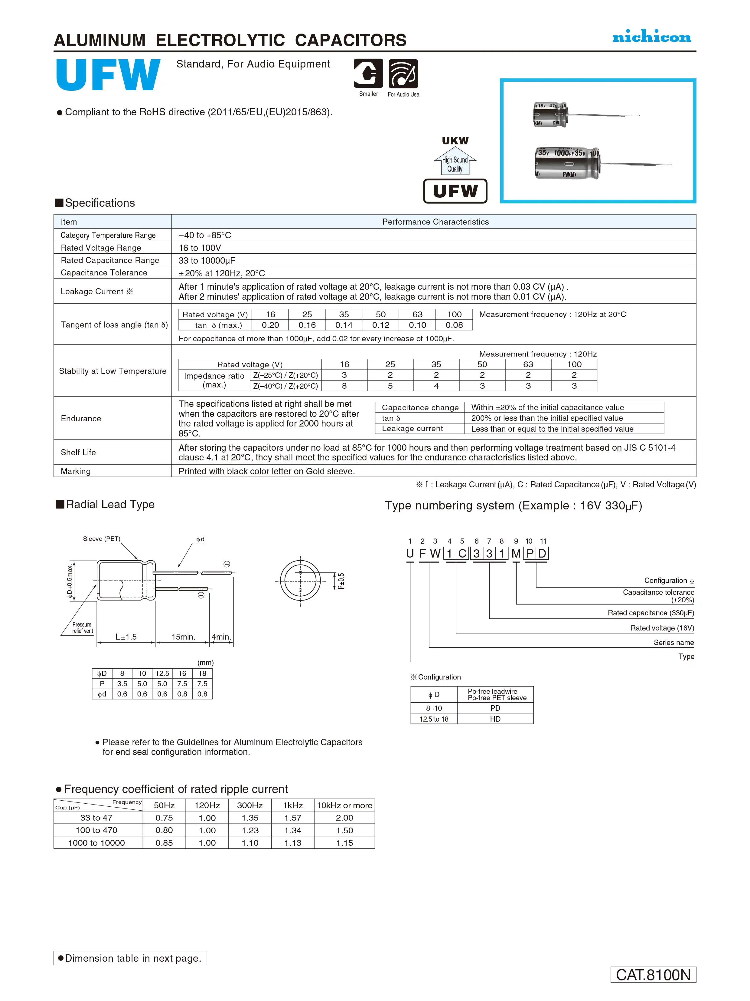Nichicon FW-Serie Audio-Kondensatoren 6,3V 10V 16V 25V 35V 50V 63V 100V 10UF 22UF 47UF 100UF 220UF 470UF 1000UF 2200UF Original – Detail 4