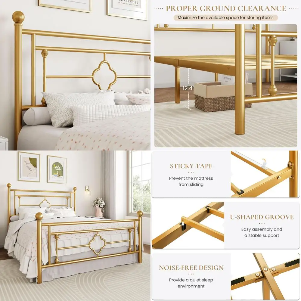 

Металлическая кровать-платформа 14 Queen в винтажном стиле с основанием для матраса, местом для хранения, простой в сборке, золотистого цвета