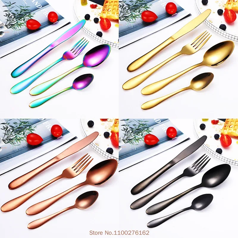 4pcs/pack Stainless Tableware Gold-plated Creative Steak Knife and Fork Spoon Titanium-plated Colorful Western Tableware