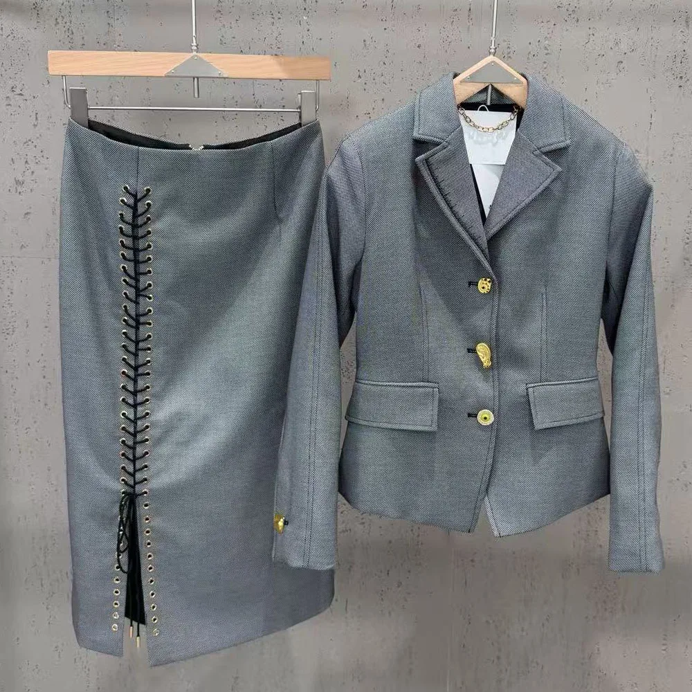 High Street Women's Autumn New Grey Gold Buckle Professional Wear Commuter Blazers Jacket Straight Tube Skirt Casual Pants