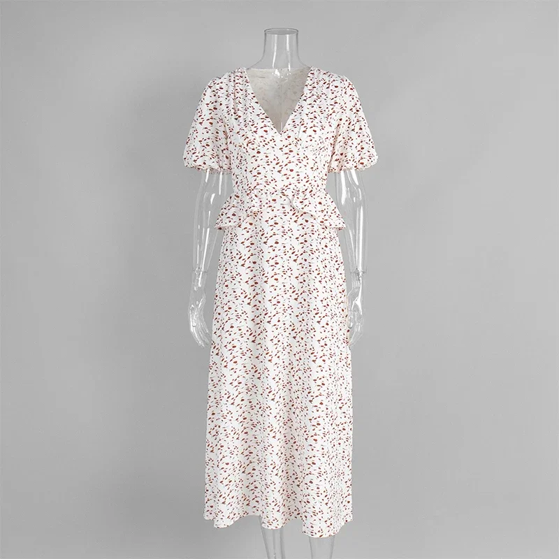 Elegant Floral V-neck Dress Female High Waist Puff Sleeve Long Dress Ruffled Splice Summer Fashion Party Vacation Cloth