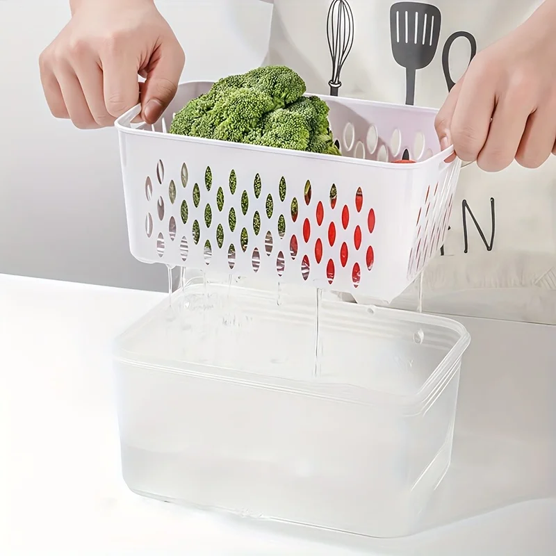 Kühlschrank-Aufbewahrungsbehälter-Set mit Deckeln und Sieb, Plastik-Frischhaltebox für Gemüse, Obst und Fleisch zur Organisation – Detail 7