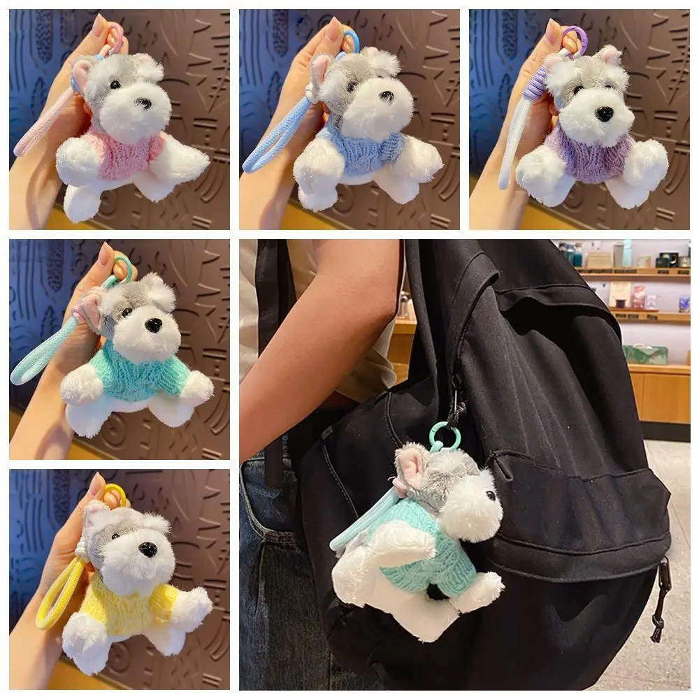 Kawaii Cartoon Pluche Schnauzer Sleutelhanger Charme Accessoire Handtas Hanger Dragen Trui Puppy Sleutelhanger Met Paarse Trui