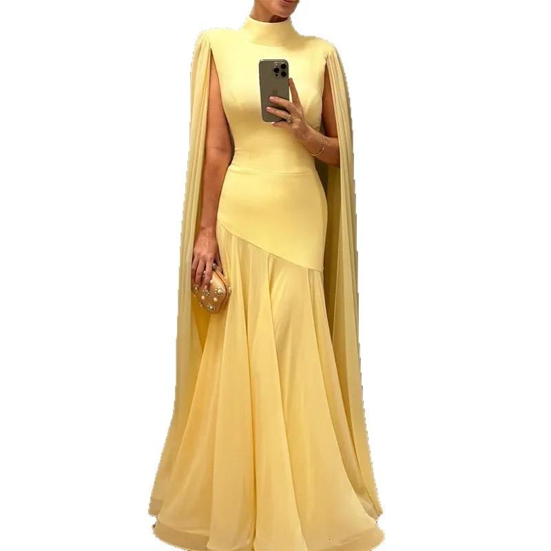 

Flowing High Neck Rucehd Mermaid Long Formal Evening Party Dress with Cape Sleeves
