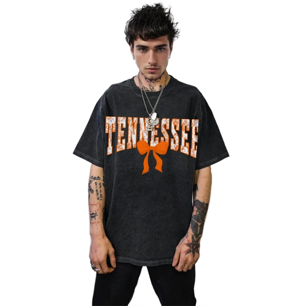 

Trendy Unisex Black Washed ShortSleeve Graphic Tee with Tennessee and Bow Print Y2K Style Casual Comfortable LooseFit for Daily