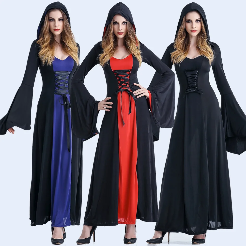 

Purim Party Halloween Costumes for Women Adult Gothic Witch Costume Long Hoodie Fancy Fantasia Cosplay Dress