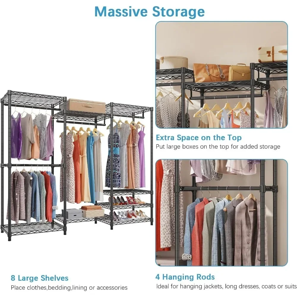 Portable wardrobe heavy-duty hanger, equipped with 4 suspension rods and storage racks, adjustable wardrobe rack, metal cabinet