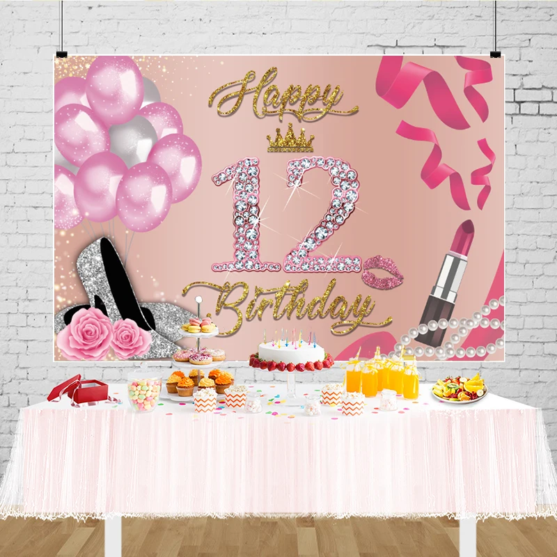 12th Party Banner Background Bat Mitzvah 12 Decorations Girl Twelve Years Old Birthday Glitter Diamond Balloons Photo Backdrop