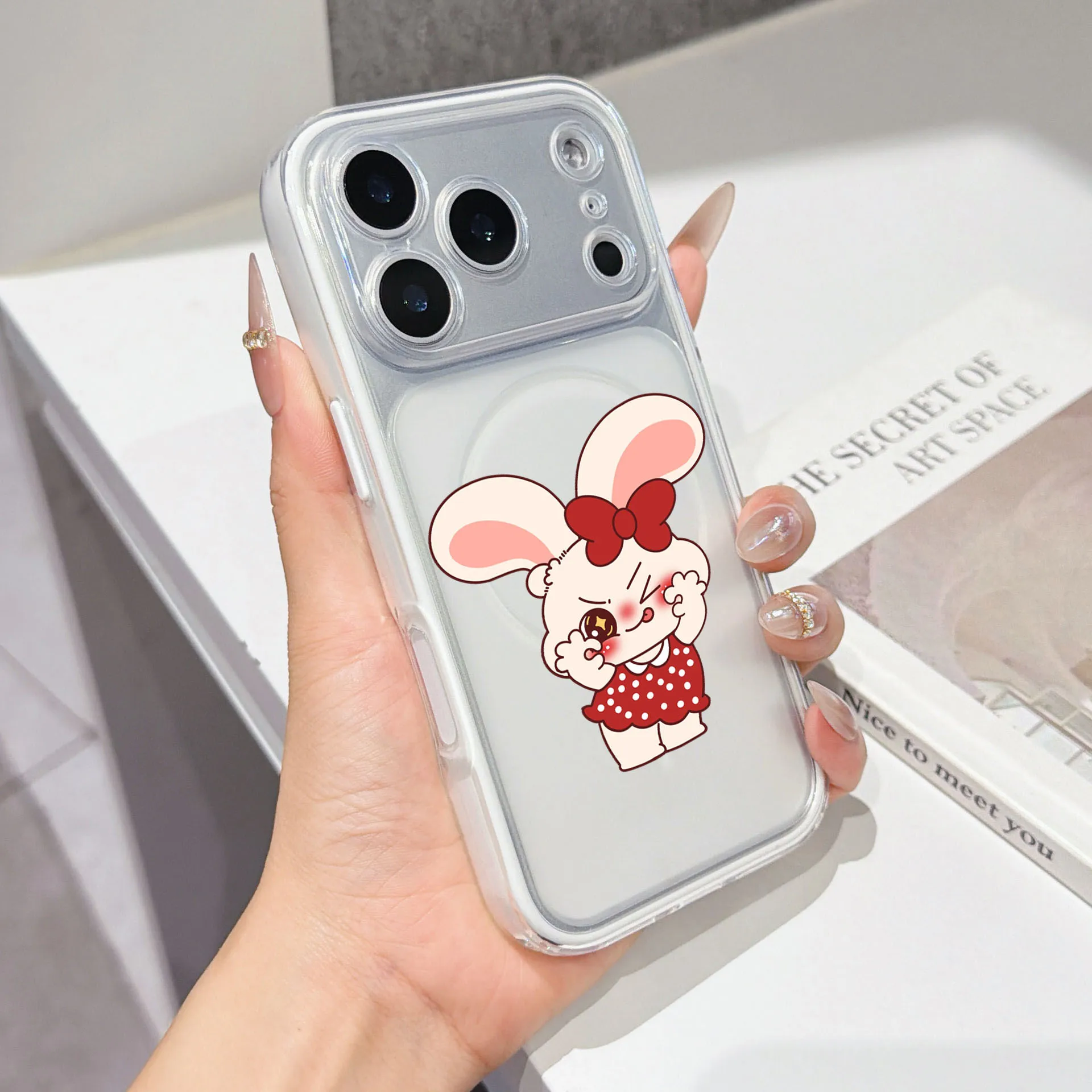 

Ins Trendy Sweet Red Bow Bunny Phone Case For iPhone 17 16 15 14 13 Pro Max Cute Wink Rabbit Clear Shockproof TPU Cover
