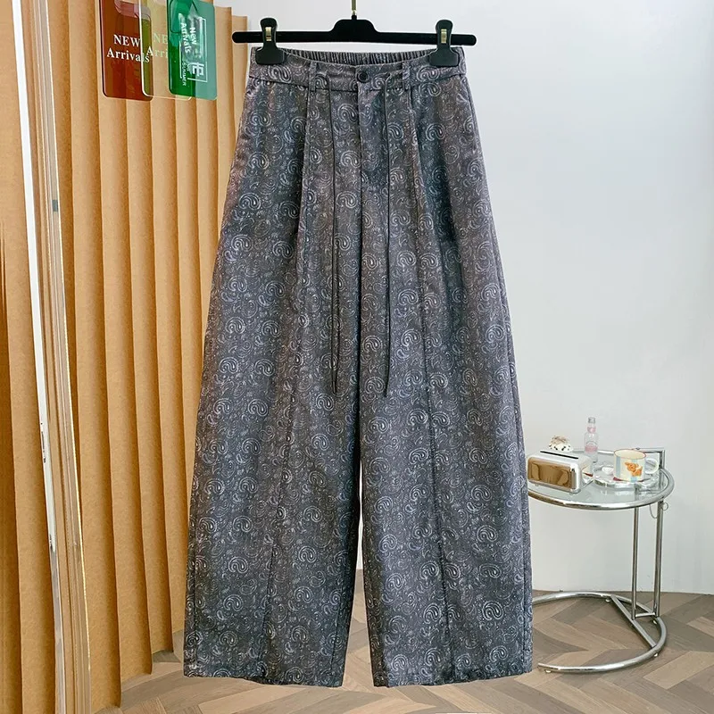 Retro High Waist Wide Leg Pants Women's Summer New Style Gathered Rope Drape Casual Floor-Length Pants Nut Flower Print