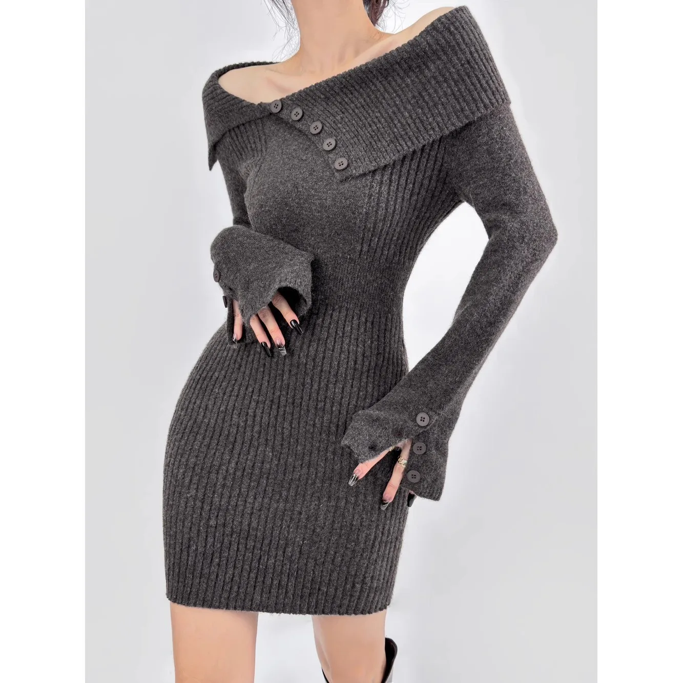 High-end temperament, Christmas pure lust, one-shoulder lapel sweater, knitted red dress, slim hip skirt