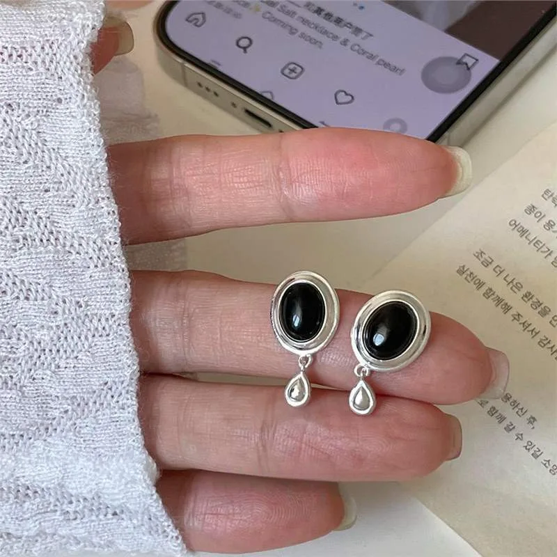 

Simple Fashion Silver Geometric Big Round Earring For 925 Imitation Black Agate Women Engagement Jewelry