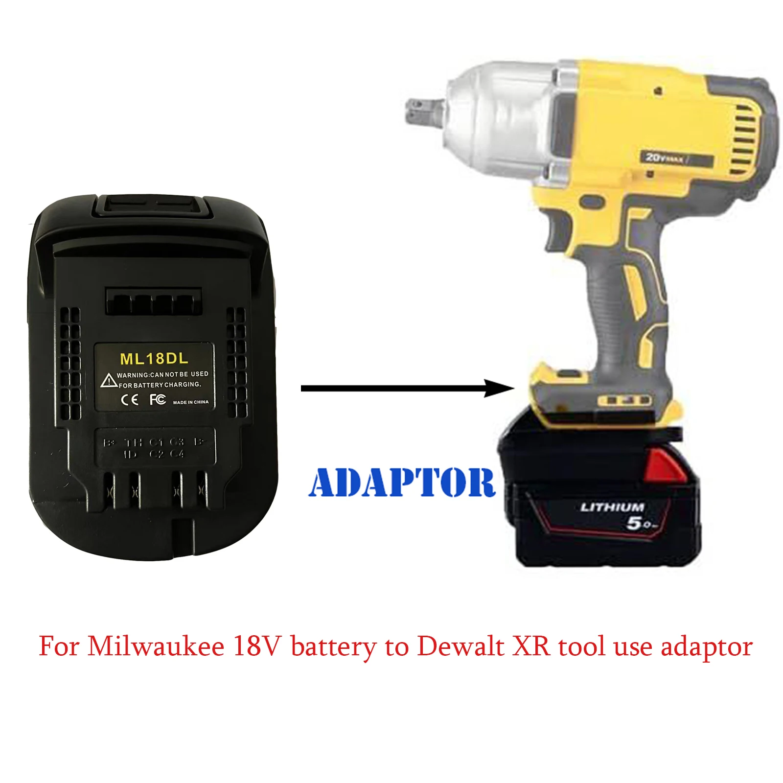 

Adaptor for Milwaukee 18V battery convert to Dewalt 18/20V tool use DCB200 (button colour may different )