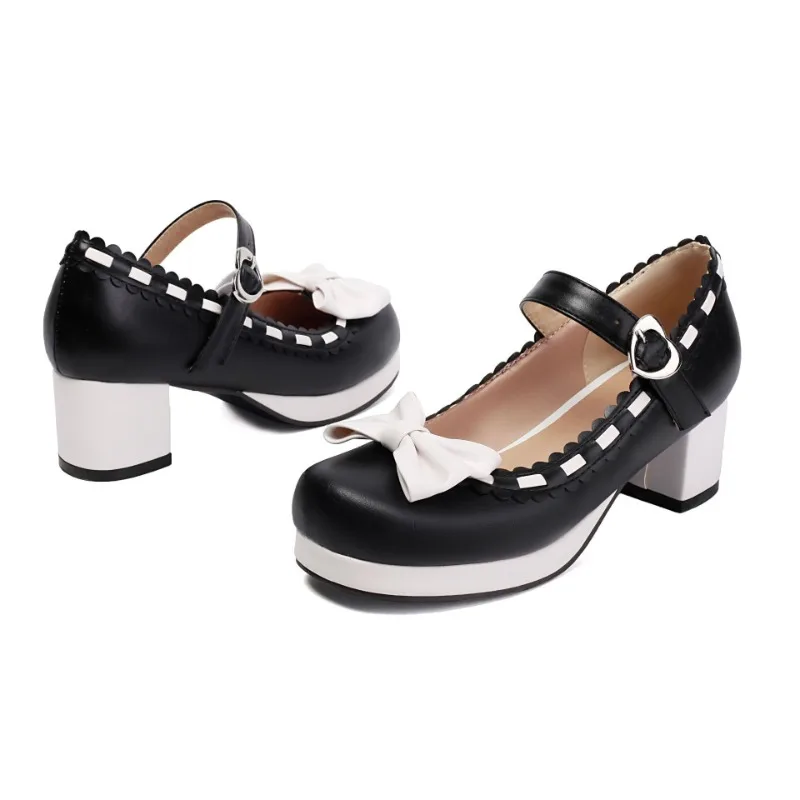 Japanese Mori Style Lolita Shoes Black White Contrast Color Bow Decor One Buckle Strap Chunky Heel Sweet Girls Daily