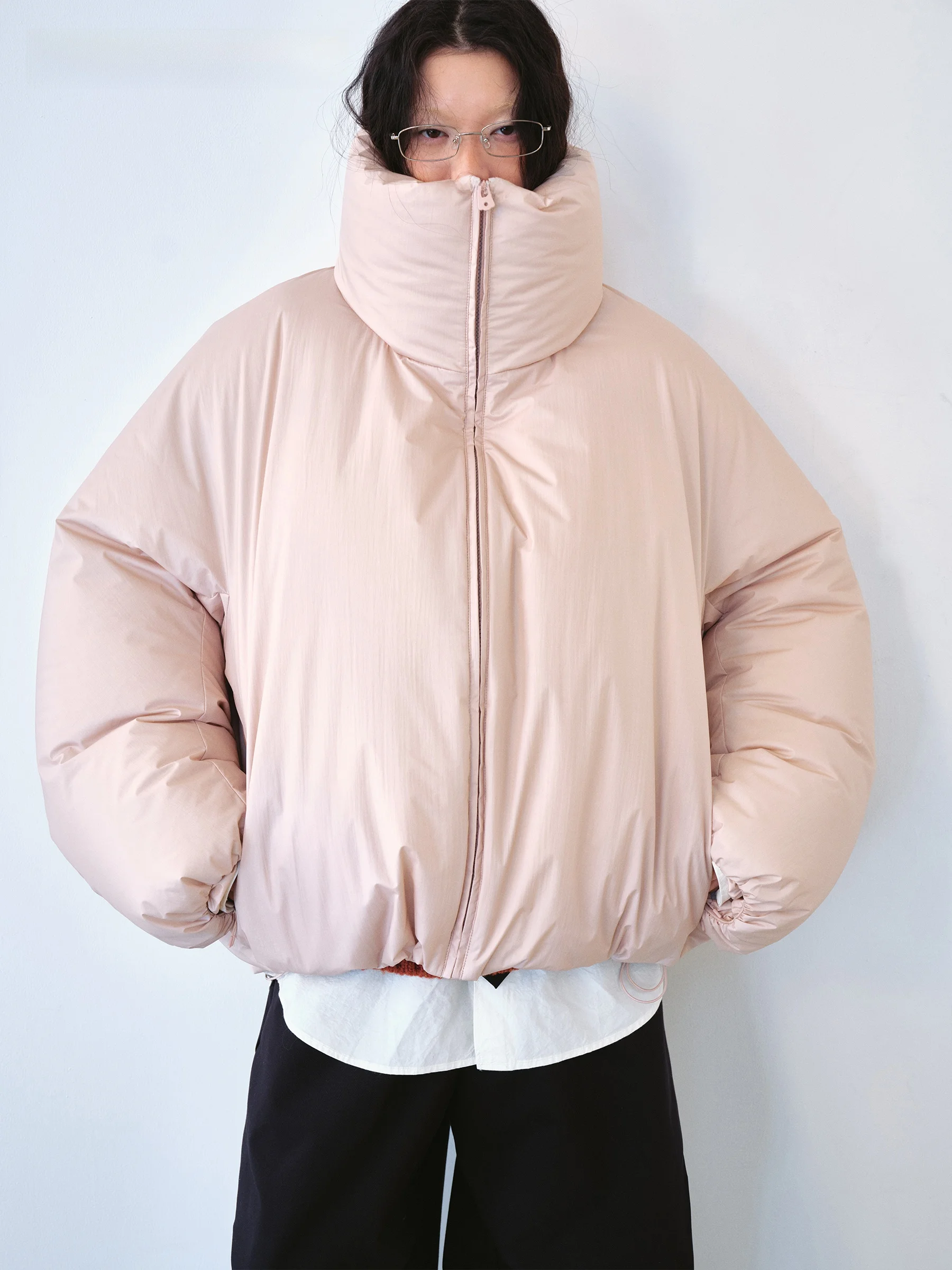 VERMO X RRR Warm Lightweight Inflatable Feather Jacket Coat with Chimney Collar Red Color Neutral Style Eco-Friendly Nylon