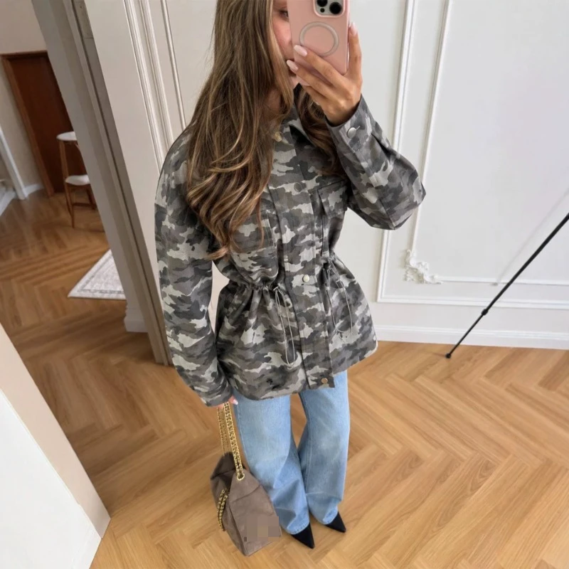 2026 Autumn/Winter Hot selling Camouflage Waist Stand up Collar Drawstring Handsome Fashion Coat for Women