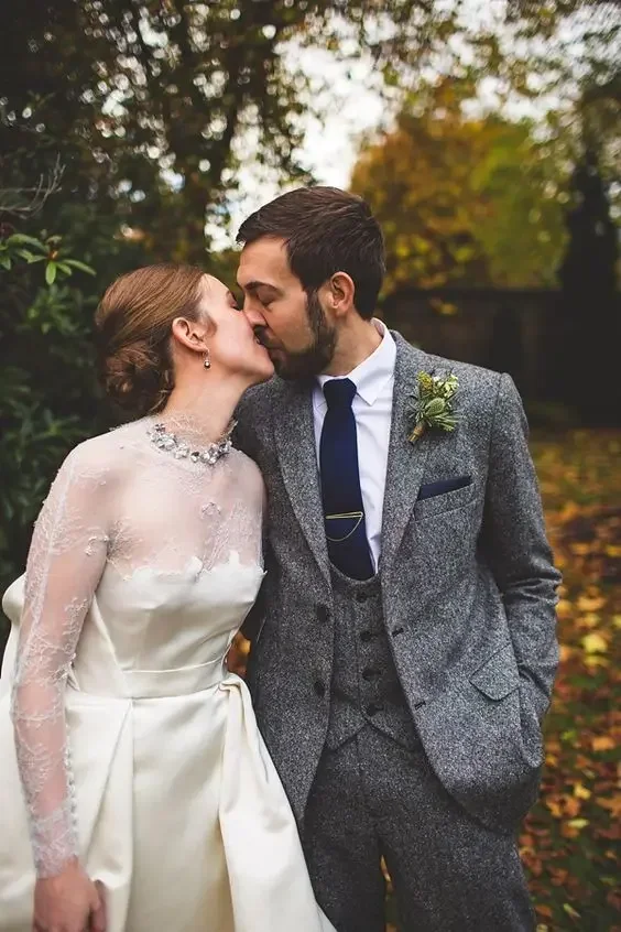 Costumes de mariage formels en tweed gris pour hommes, ensembles de blazers de Rhpersonnalisés, smoking de marié, coupe couvertes, chaud et vintage, Terno Masuclino, 3 pièces