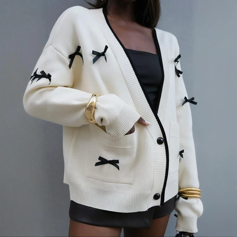 

TARUXY Bow Knit Cardigan Women's Loose V-Neck Single-Breasted Long Sleeves Sweater Coat Autumn Winter Leisure Fashion Clothing