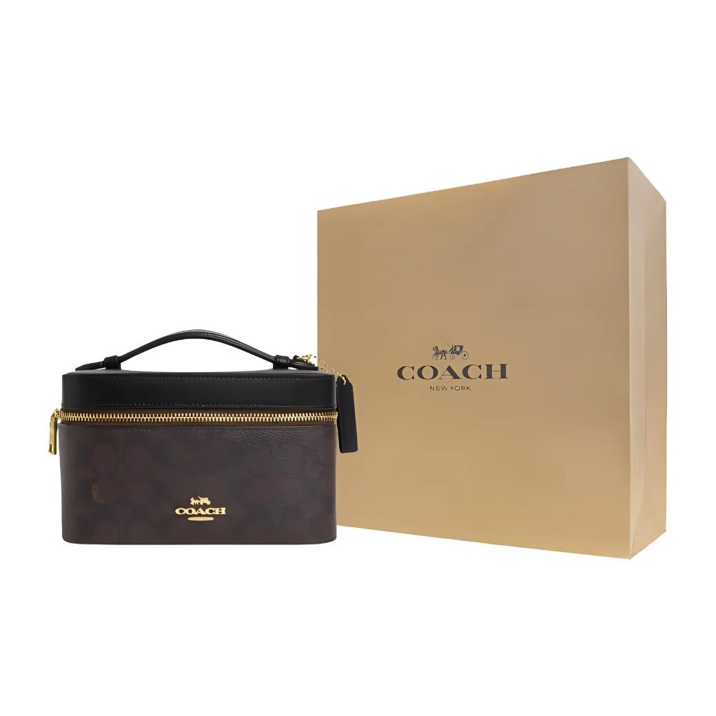 COACH Coated Canvas Makeup Bag Handbag Small Women's Walnut & Black CW728-IMXAQ