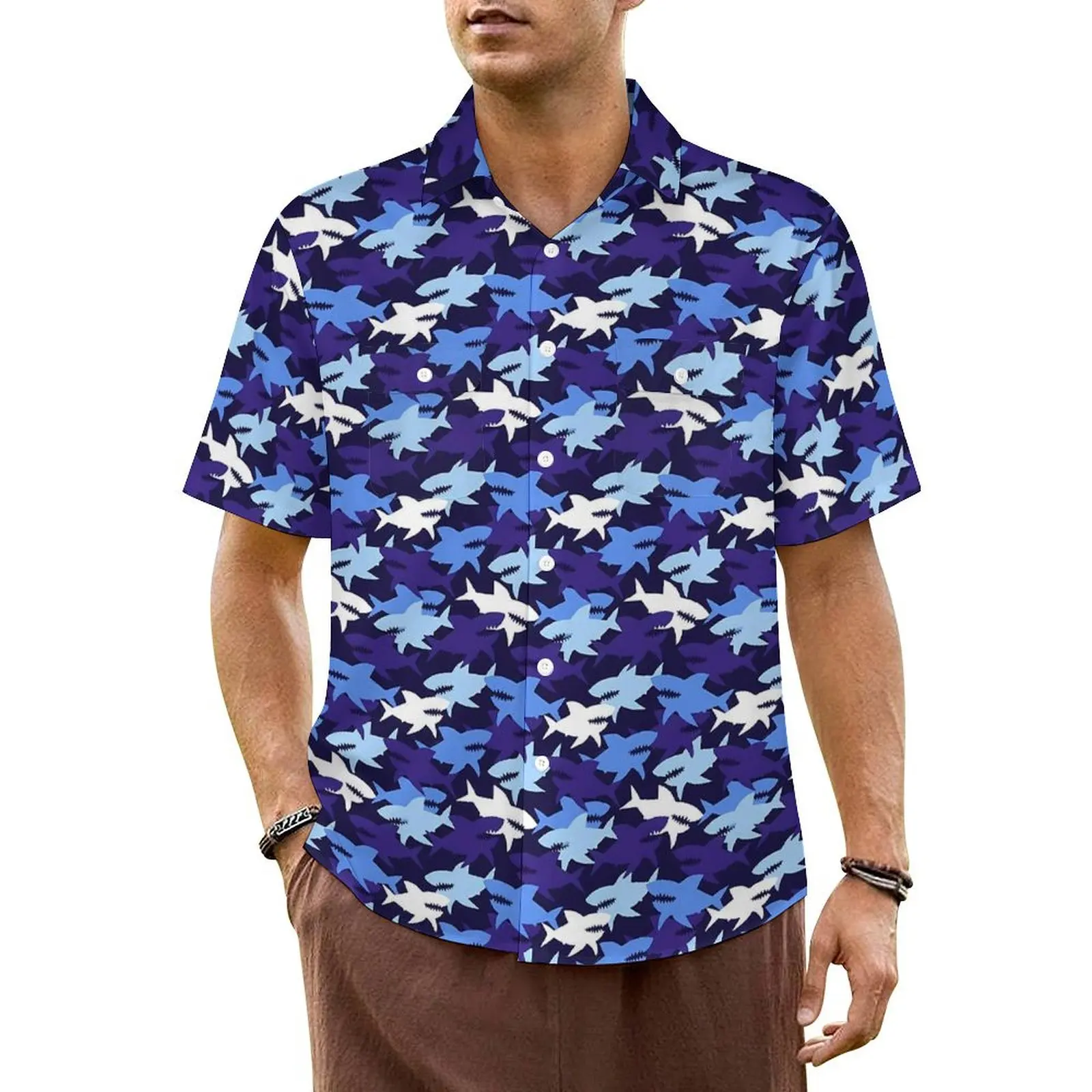 Hawaiian Shirt Vacation Blue Shark Blouses Camouflage Print Elegant Casual Shirts Men Short Sleeve Streetwear Oversized Top