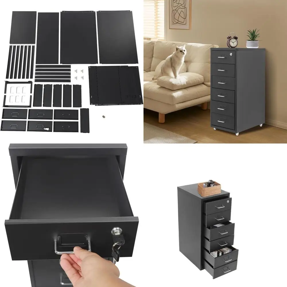

Black Vertical Metal File Cabinet with Lock and Wheels for Home Office, 6-Drawer Storage Organizer for A4/Letter Size Documents,