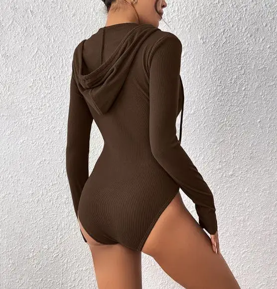 

Bodysuit Women 2025 New Spring Autumn Solid Color Hooded Knitted Long Sleeved Trench Spicy Girl Casual Slim Fit Bodysuit