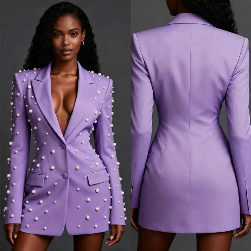 

Elegant Celebrity Women Blazer Jacket Formal Pearls Evening Birthday Party Prom Ladies Long Tuxedos For Wedding Banquet One Piec