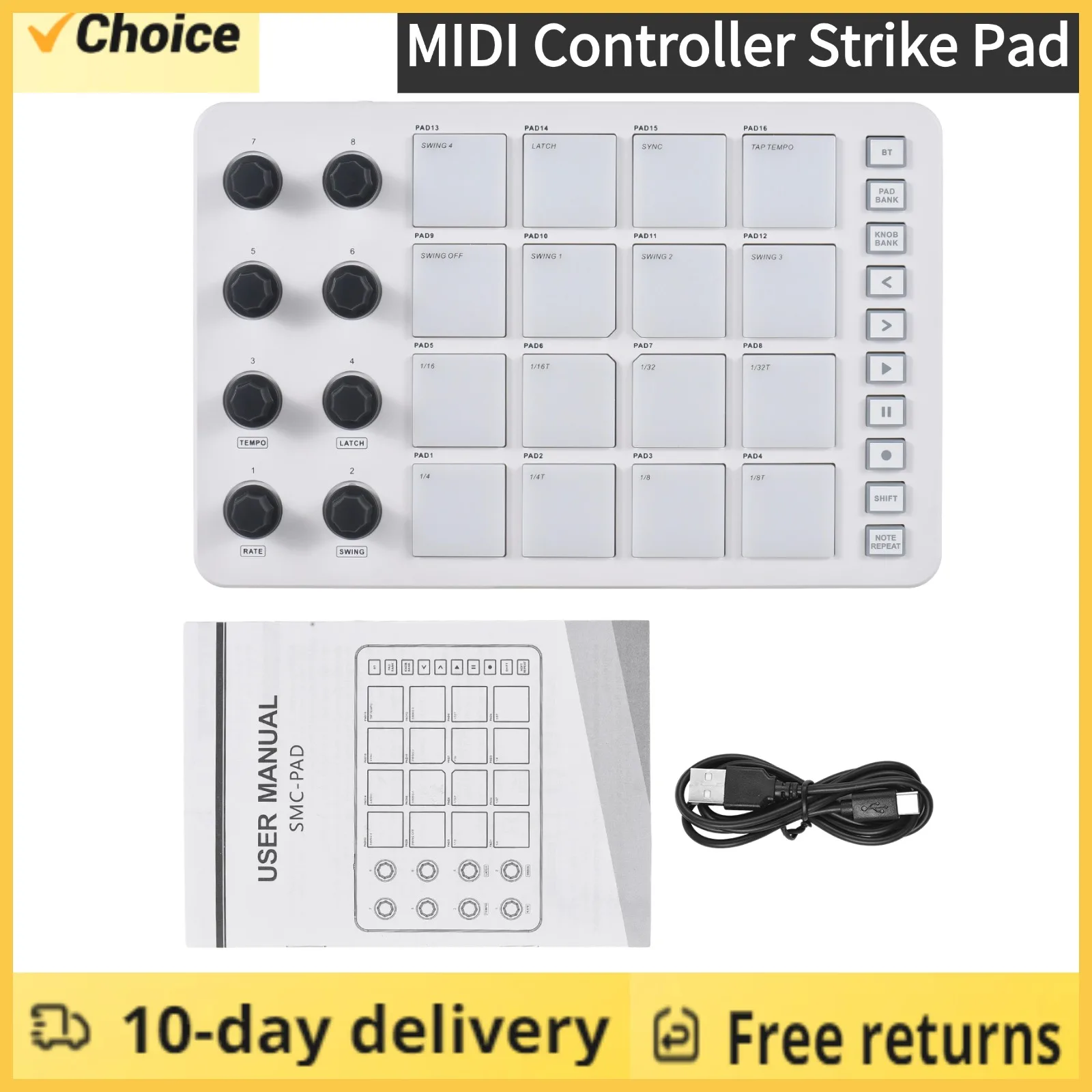 MIDI Controller Strike Pad RGB Backlight MIDI Keyboard BT Connection Low Latency 3.5mm Output Interface with MIDI Pad SMC-PAD