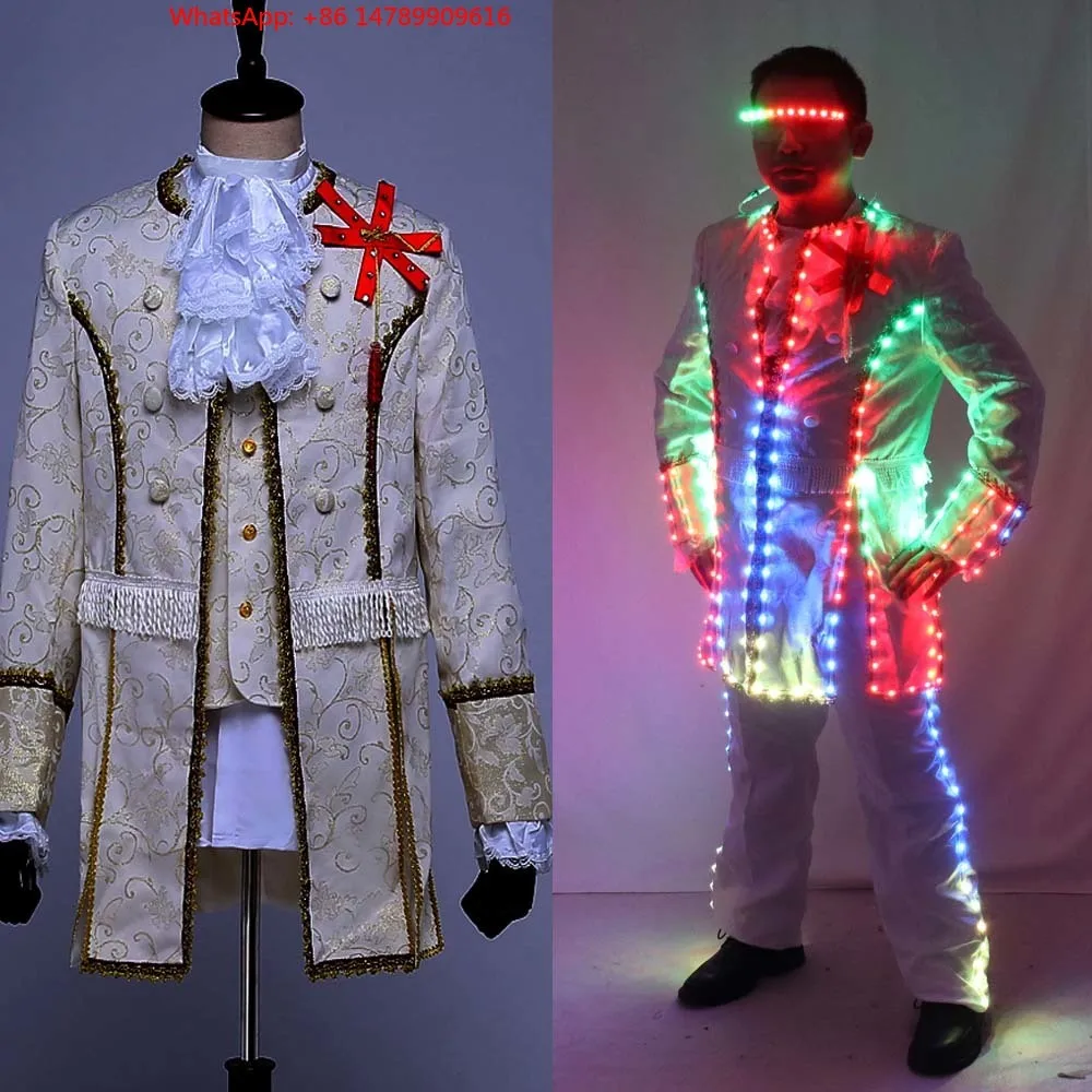 LED Luminous Robot CostumeEurope Style LED Court Marshal Clothing Peorce Wear For Men Groom Wedding Suits Party Stage Singer C