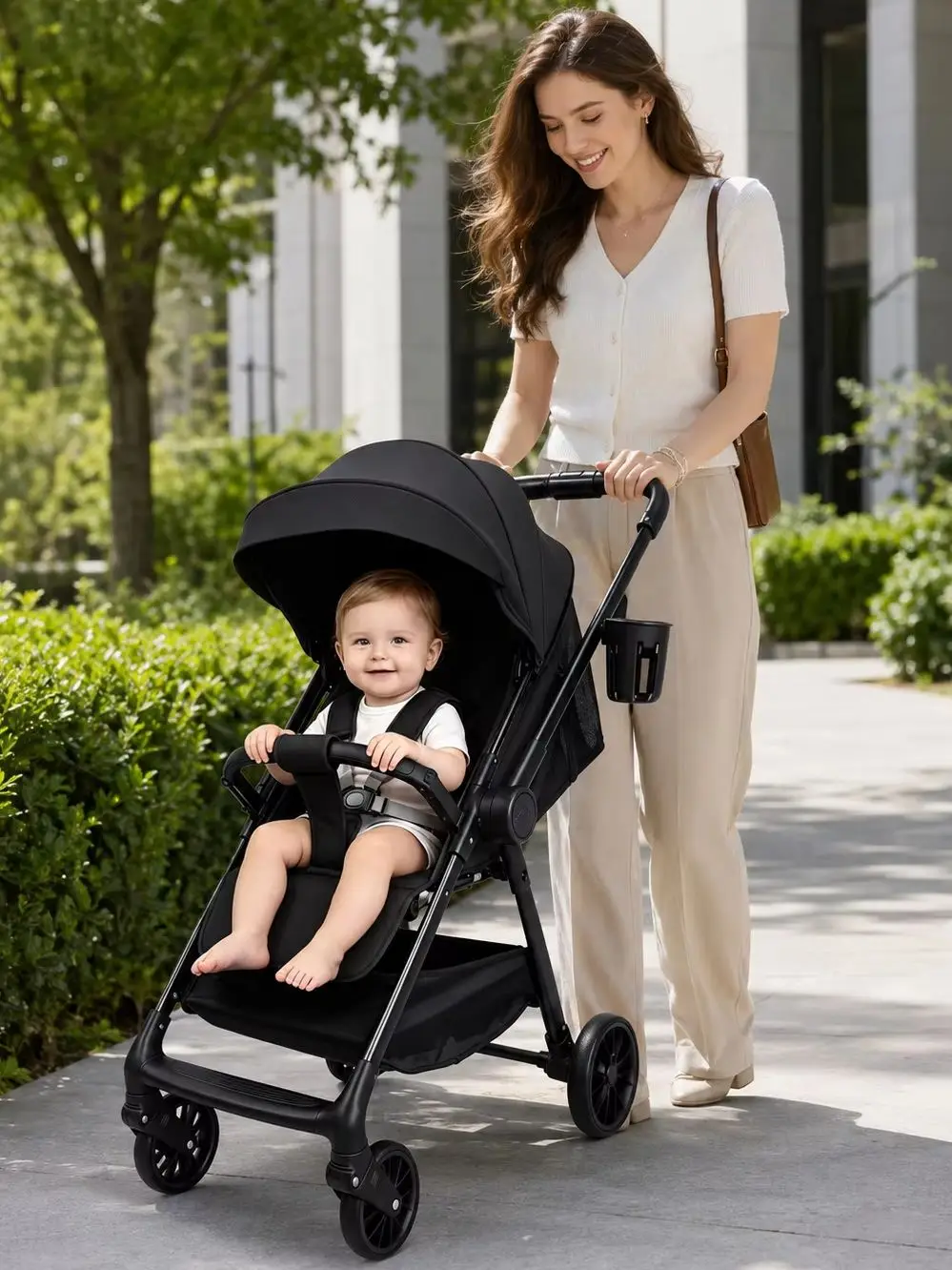 2-in-1-Kinderwagen, faltbarer Kinderwagen für Neugeborene, Säuglinge und Kleinkinder, leichter Reisebuggy mit Sitz- und Liegefunktion, verstellbarem Verdeck, Fünfpunkt-Sicherheitsgurt, stoßdämpfenden