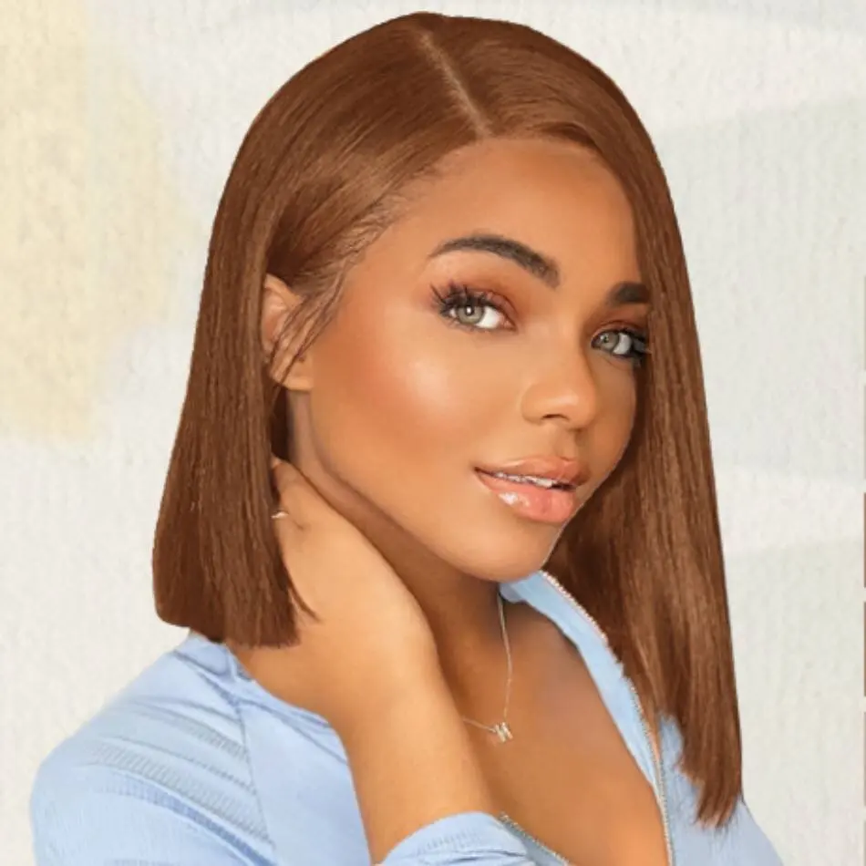 

200 density Brazilian Human Hair 13x4 HD Transparent Lace Front Chocolate Brown Short Bob Bone Straight Human Hair Wig For Women