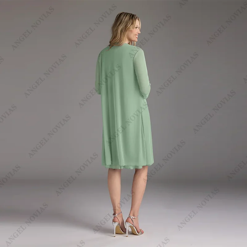 Customized Knee Length Green Mother of the Bride Dresses with Jacket Wedding Party Dress vestidos de fiestas elegantes mujer