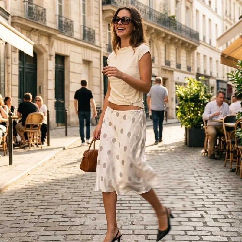 

French Vintage Polka Dot Midi Skirt White Loose Draped Elegant Gentle Romantic Tea Party Chic Outfit For Women Teens Gift