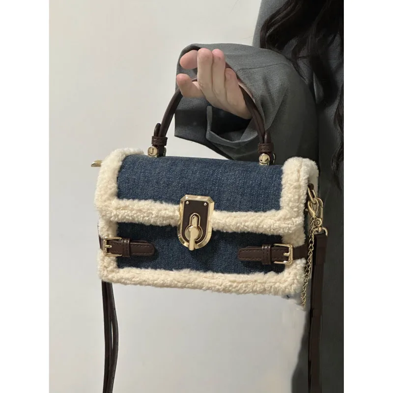 Autumn Winter Denim Lamb Wool Crossbody Bag High-End Design Sense Splice Small Square Bag 2023 New Popular Shoulder Pack Women