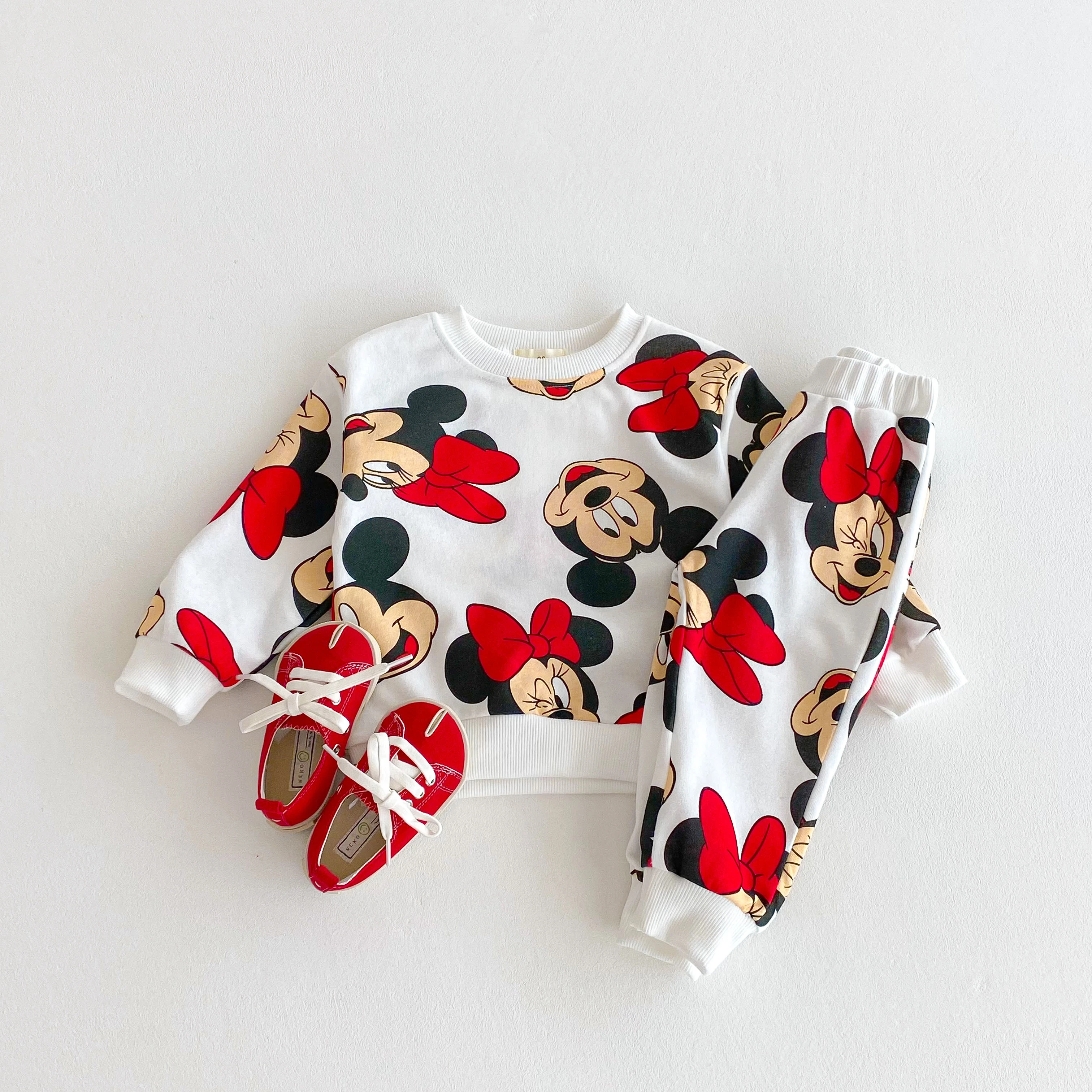 الربيع/الخريف ديزني الكرتون رياضية مجموعة طباعة الكرتون ميني لطيف طفلة طويلة الأكمام البلوز + السراويل الاطفال قطعتين مجموعة #3