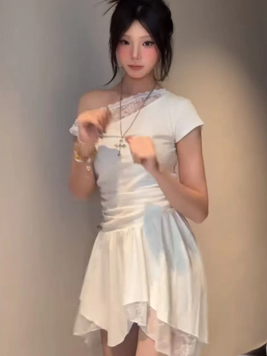 

White Irregular oulder Lace Dr Women's 2025 Autumn New Pure Desire Waist Cinching Spicy ort Skirt Casual Sle