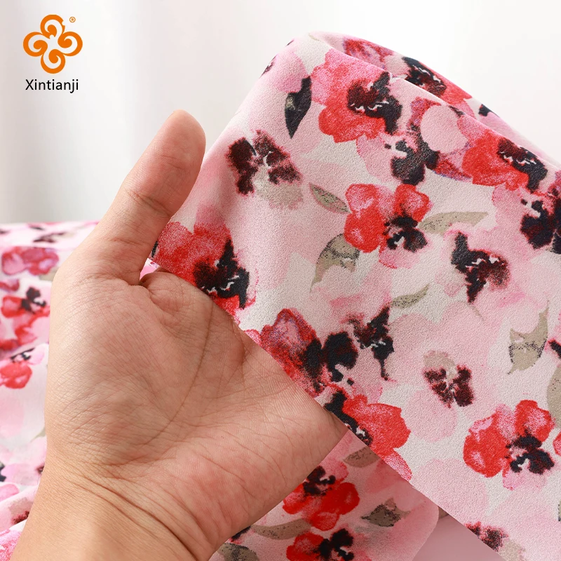 1m Printed Chiffon Fabric for Sewing Pink Floral Flower Fabrics for Elegant Dresses By Meters 59 Inch Wide Soft Not See Through