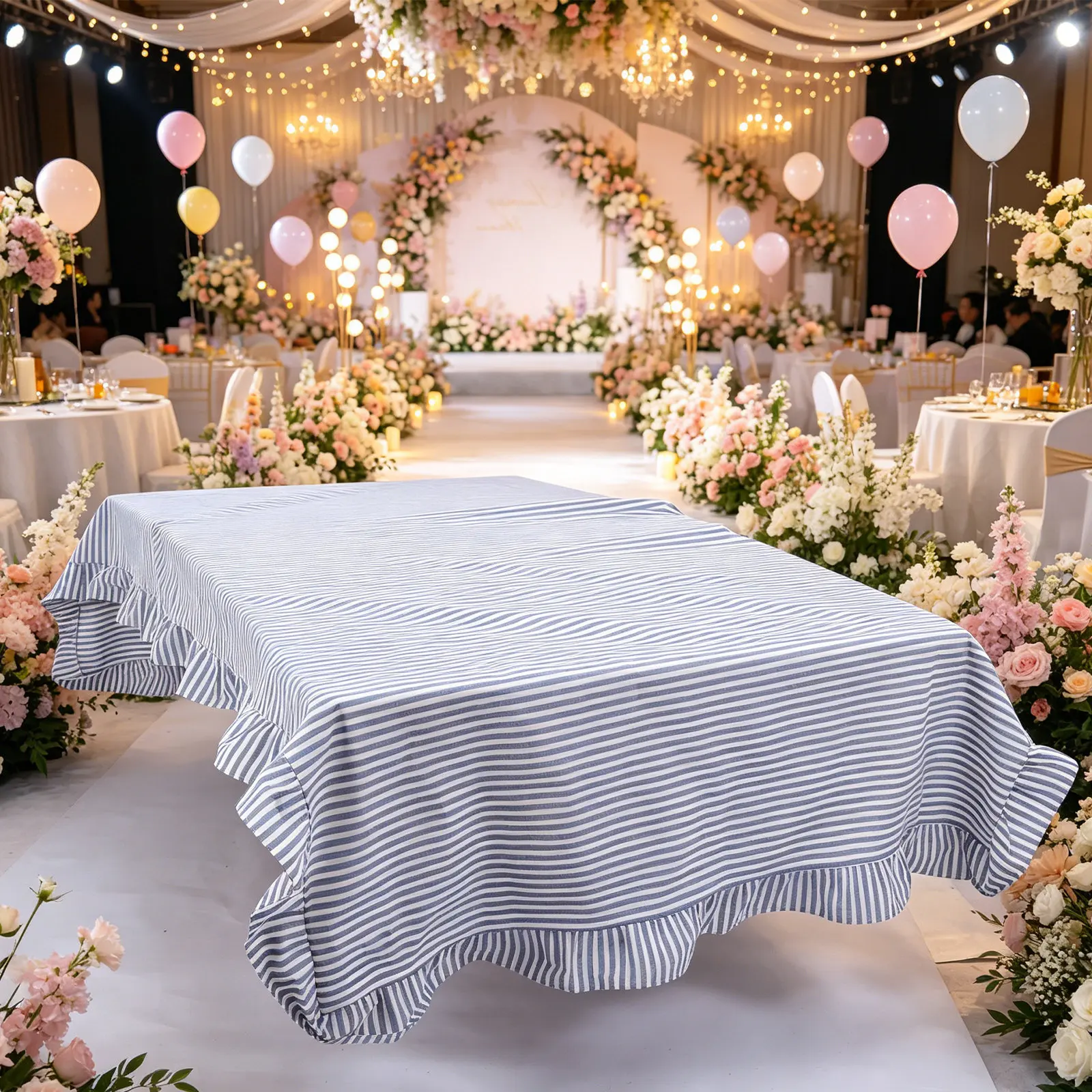 

Blue White Striped Tablecloth Cotton Flounces Trim Washable Tablecloth Rectangular Ruffled Table Cover For Kitchen Party Wedding