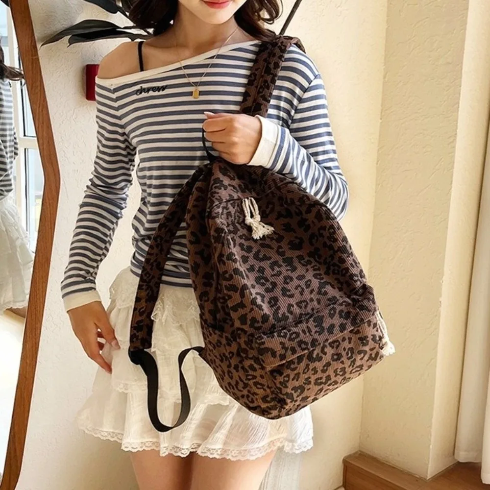 Corduroy Leopard Print Backpack Harajuku Lightweight Students School Bag Large Capacity College Style Students Daypack Travel