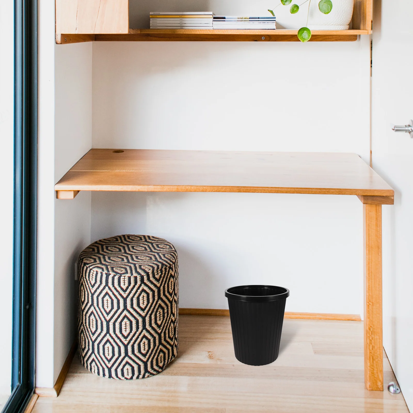 

1pc Plastic Trash Can Imitation Wood Grain Non-Slip Base Waste Bin For Home Office Hotel Coffee Shop Rubbish Storage