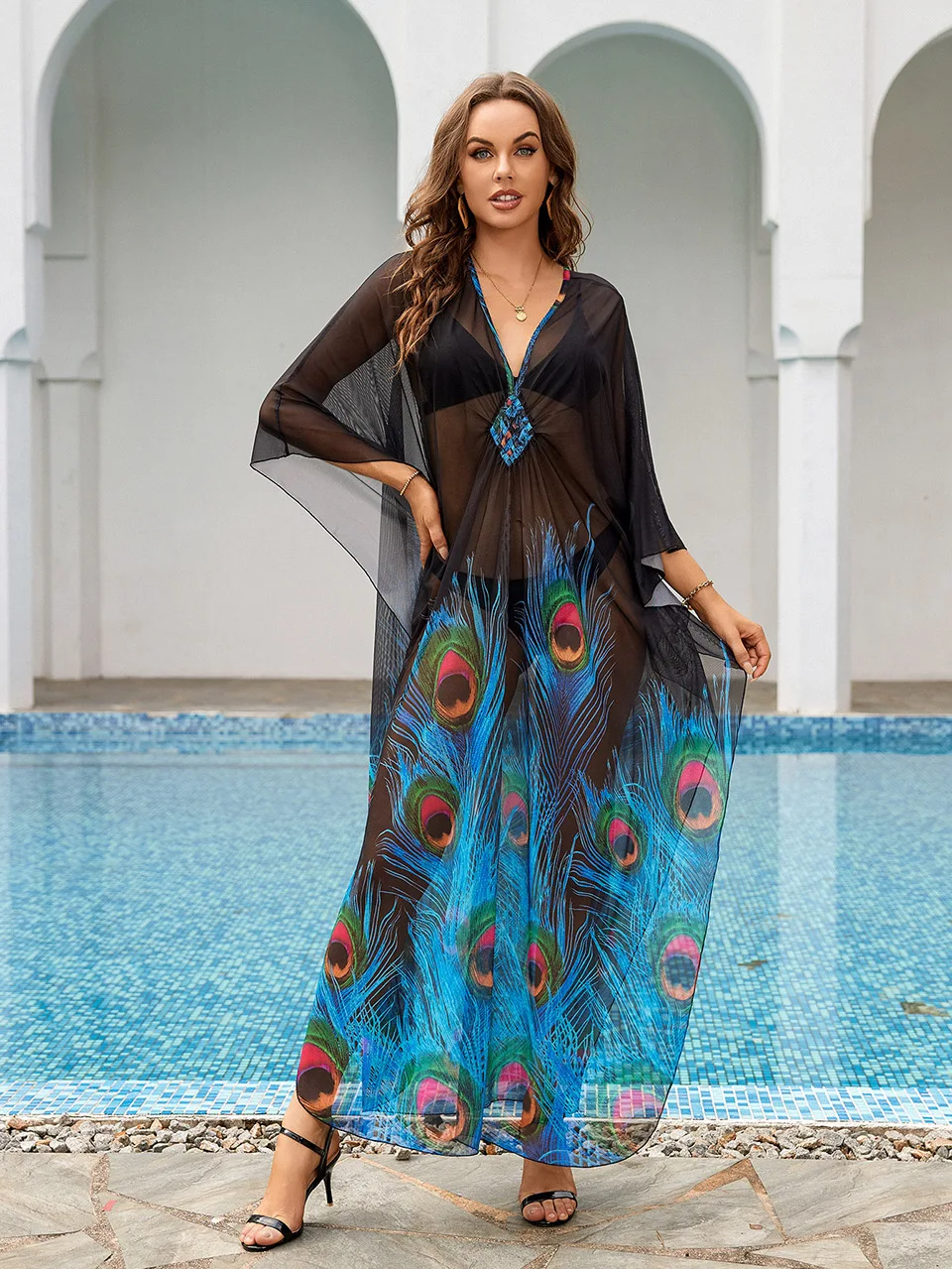 Sexy See Through Mesh Bikini Cover Up Bohemian Print Dress Kaftan Srong 2023 Summer Swimwear Beachwear Holiday Casual Maxi Dress