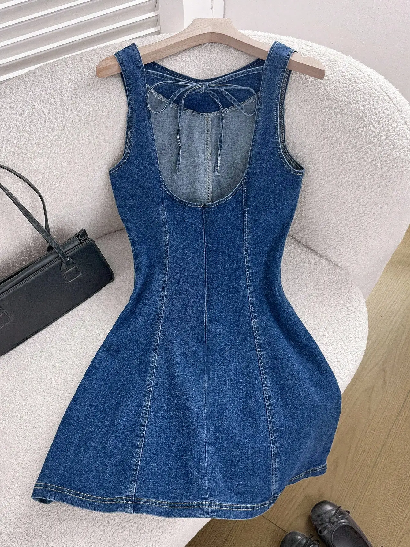 

Women's Denim Dress Sleeveless Backless Tie Up A-Line Mini Dress Summer Casual